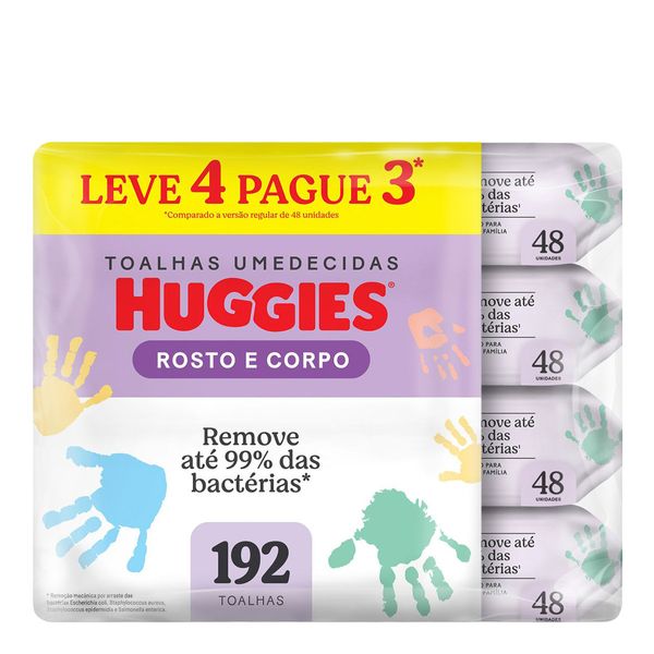 Kit Lenços Umedecidos Huggies Rosto e Corpo Limpeza 4 Pacotes com 48 Unidades