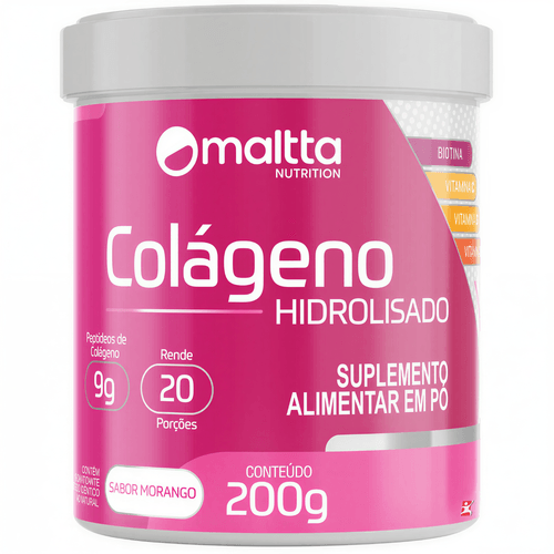 COLÁGENO HIDROLISADO PEPTÍDEOS + BIOTINA + VIT C + VIT D + VIT E 200G MORANGO - MALTTA NUTRITION COLÁGENO HIDROLISADO PEPTÍDEOS + BIOTINA + VIT C + VIT D + VIT E 200G MORANGO - MALTTA NUTRITION