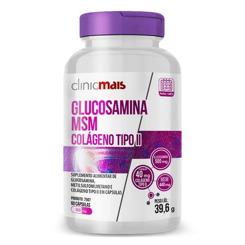 Glucosamina MSM Colágeno tipo II ClinicMais 60 Cápsulas
