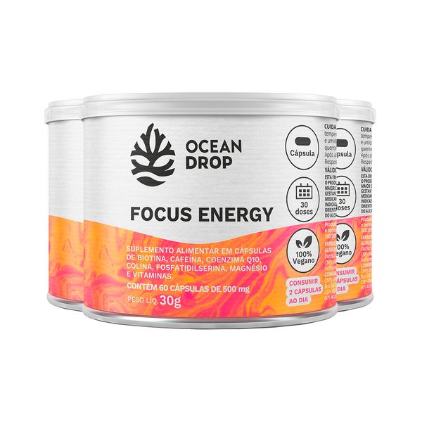 Kit 3 Focus Energy Ocean Drop Vegano 60 Cápsulas