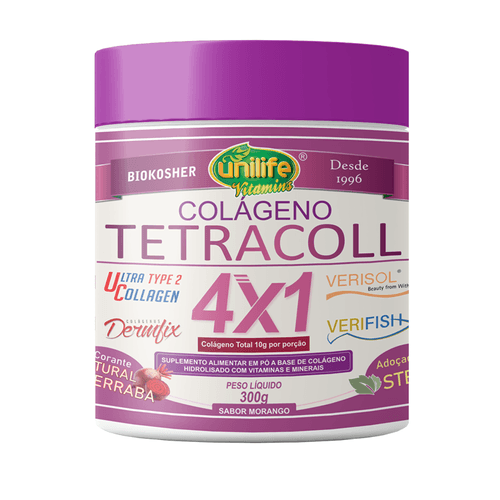 Colágeno 4 em 1 Tetracoll Unilife 300g Morango Colágeno 4 em 1 Tetracoll Unilife 300g Morango