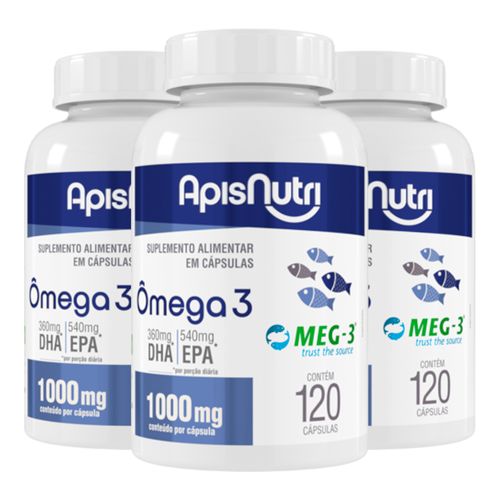 Kit 3 Ômega 3 Óleo de peixe 1000mg Apisnutri 120 cápsulas Kit 3 Ômega 3 Óleo de peixe 1000mg Apisnutri 120 cápsulas
