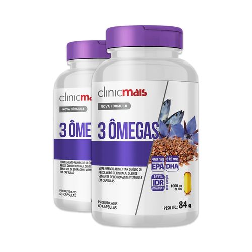 Kit 2 3 Ômegas Óleo de Peixe, Linhaça e Borragem ClinicMais 60 Cápsulas Kit 2 3 Ômegas Óleo de Peixe, Linhaça e Borragem ClinicMais 60 Cápsulas