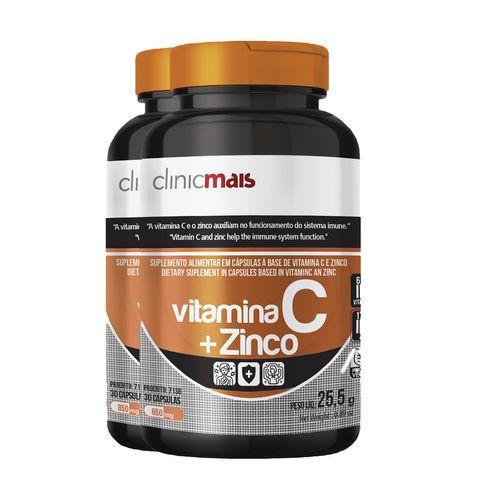 Kit 2 Vitamina C + Zinco Vegano 850mg ClinicMais 30 Cápsulas
