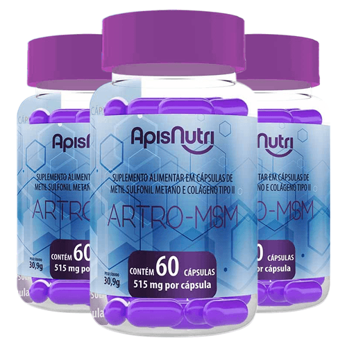 Kit 3 Artro MSM Metil Sulfonil + Colágeno tipo 2 Apisnutri 60 cápsulas Kit 3 Artro MSM Metil Sulfonil + Colágeno tipo 2 Apisnutri 60 cápsulas