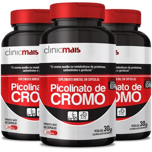 Kit 3 Picolinato de Cromo 500mg ClinicMais 60 Cápsulas Kit 3 Picolinato de Cromo 500mg ClinicMais 60 Cápsulas