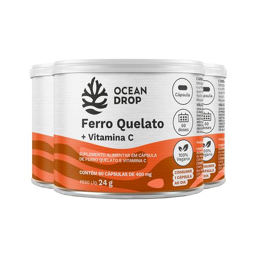 Kit 3 Ferro Quelato + Vitamina C Ocean Drop 60 Cápsulas Kit 3 Ferro Quelato + Vitamina C Ocean Drop 60 Cápsulas