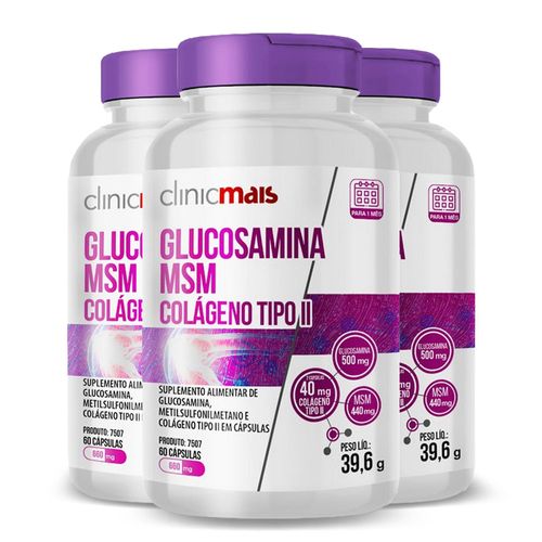 Kit 3 Glucosamina MSM Colágeno tipo II ClinicMais 60 Cápsulas Kit 3 Glucosamina MSM Colágeno tipo II ClinicMais 60 Cápsulas