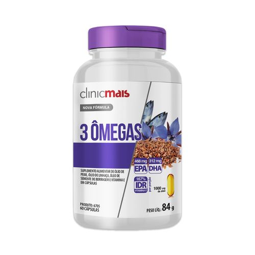 3 Ômegas Óleo de Peixe, Linhaça, Borragem Clinicmais 60 Cápsulas