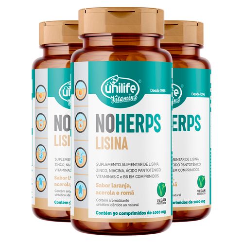 Kit 3 NoHerps Lisina 1000mg Unilife 90 comprimidos Laranja e Acerola
