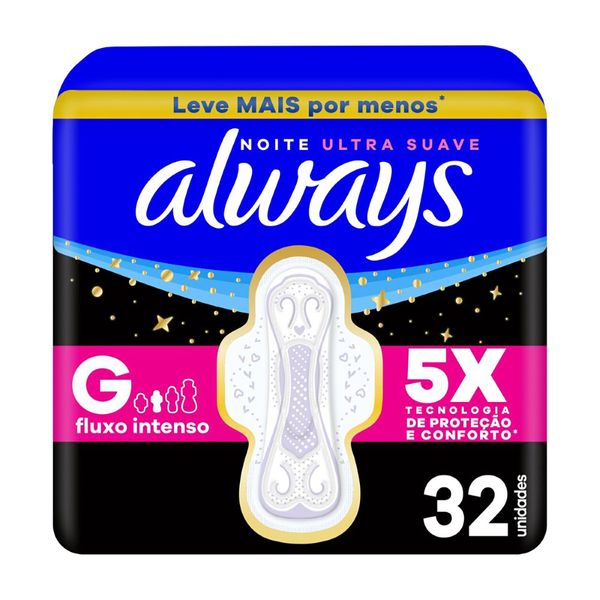 Absorvente Always Noite Ultra Suave com Abas 32 Unidades Absorvente Always Noturno Tamanho G Suave 32 Unidades