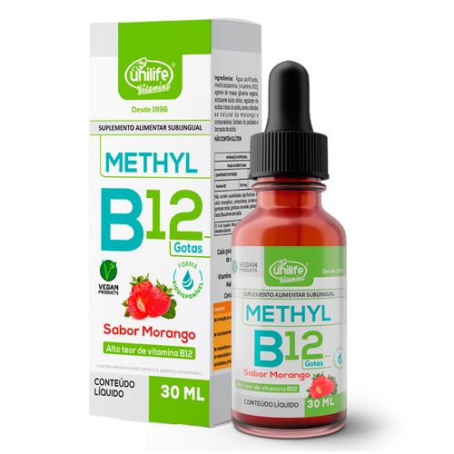 Vitamina B12 Methyl em gotas Unilife sabor Morango 30 ml Vitamina B12 Methyl em gotas Unilife sabor Morango 30 ml