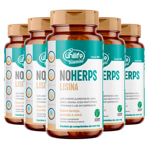 Kit 5 NoHerps Lisina 1000mg Unilife 90 comprimidos Laranja e Acerola