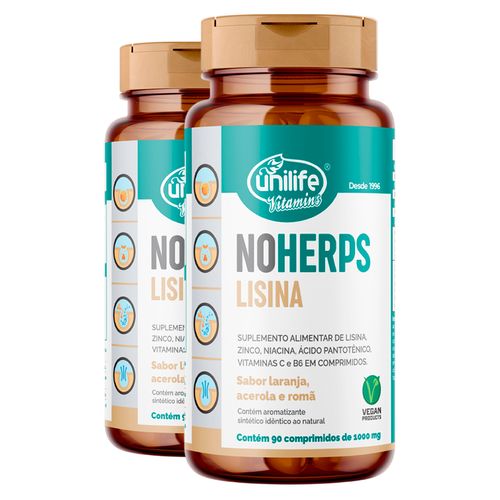 Kit 2 NoHerps Lisina 1000mg Unilife 90 comprimidos Laranja e Acerola
