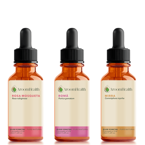Kit de óleos vegetais puro natural – Rosa Mosqueta , Mirra e Romã – 30 ml cada
