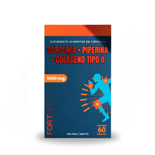 Cúrcuma + Piperina + Colágeno Tipo II 1000 mg com 60 Cápsulas Fortlife Cúrcuma + Piperina + Colágeno Tipo II 1000 mg com 60 Cápsulas Fortlife