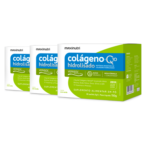 Kit 3 Colágeno Verisol + Q10 Maxinutri 30 Sachês Uva Verde Kit 3 Colágeno Verisol + Q10 Maxinutri 30 Sachês Uva Verde