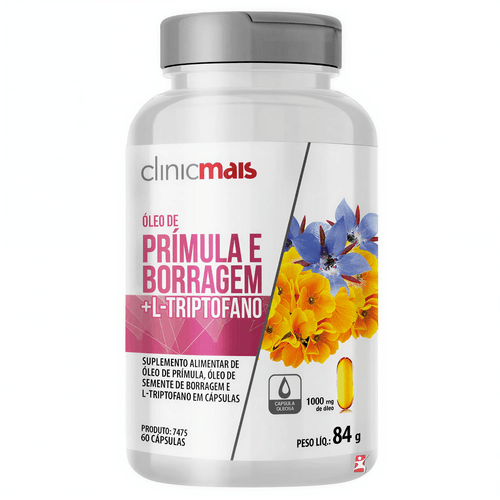 ÓLEO DE PRÍMULA E BORRAGEM + L-TRIPTOFANO 1000MG SAÚDE DA MULHER 60 CAPSULAS - CLINICMAIS
