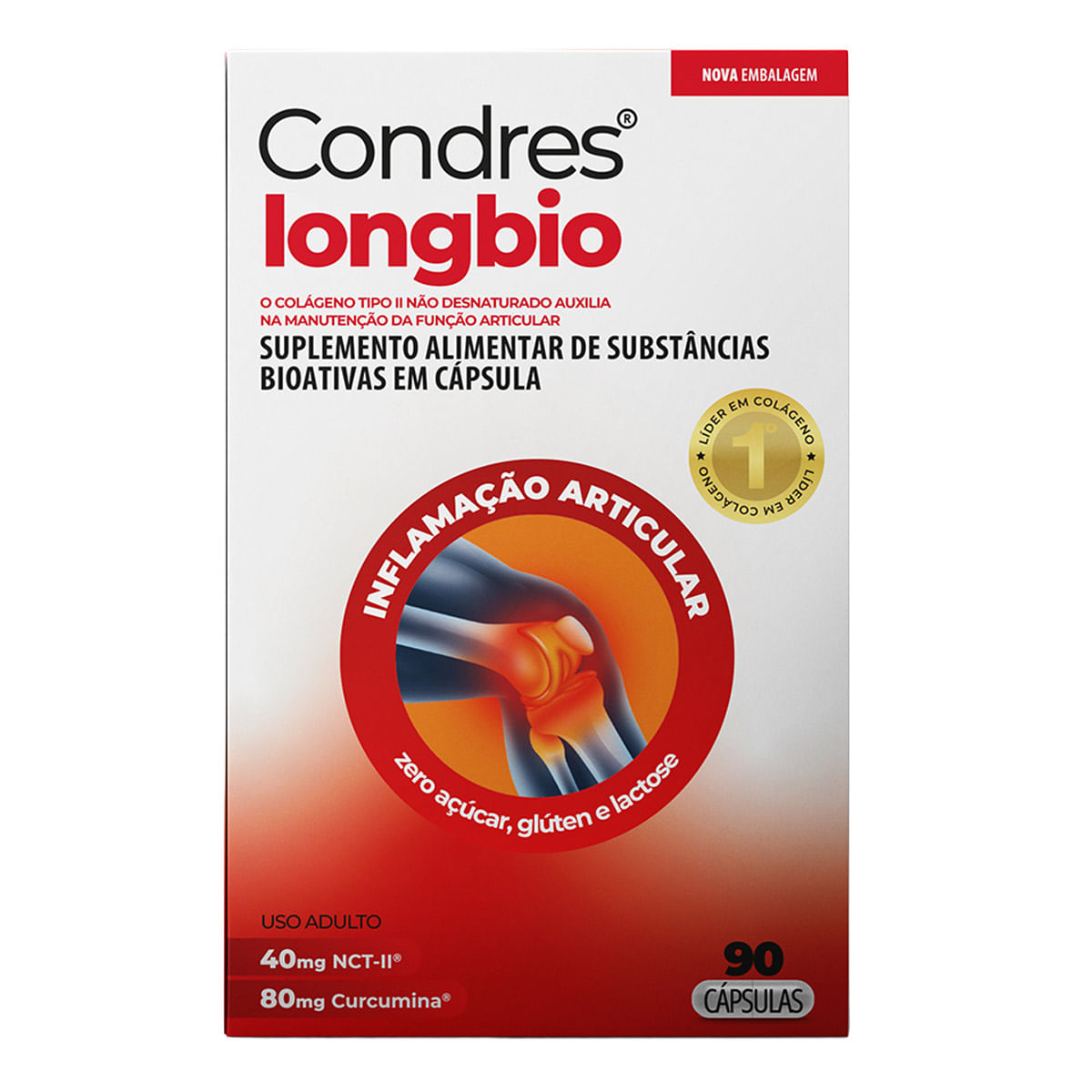Suplemento Alimentar Condres Longbio Colágeno Tipo II Não Hidrolisado com Curcumina 90 Cápsulas