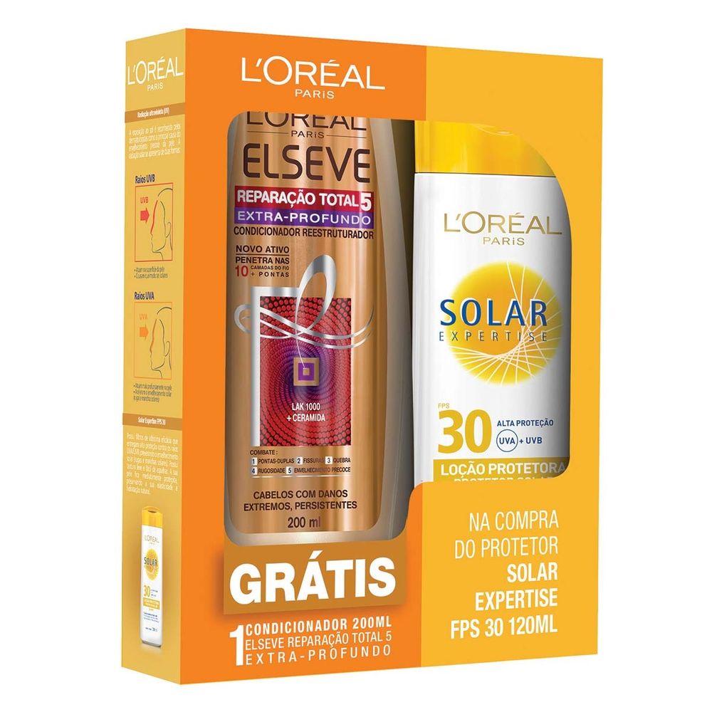Protetor Solar L'Oréal Expertise FPS 30 120ml + Elseve RT5 200ml ...