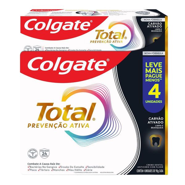 Kit Pasta de Dente Colgate Total Prevenção Ativa Carvão Ativado 4 Unidades de 90g
