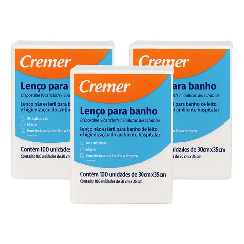 Lenço para Banho Cremer Pacote com 100 Unidades Higiene Corporal 300 Unidades