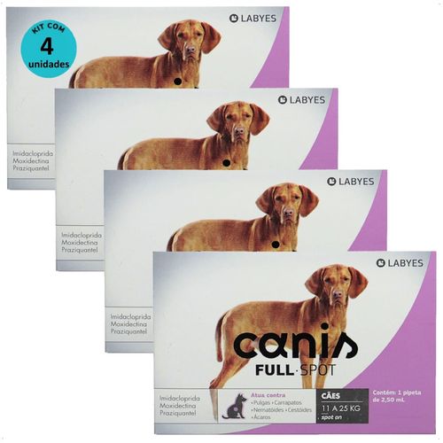 ANTIPULGAS E VERMIFUGO CANIS FULLSPOT CÃES DE 11 A 25KG KIT COM 4 ANTIPULGAS E VERMIFUGO CANIS FULLSPOT CÃES DE 11 A 25KG 2,50ML KIT COM 4