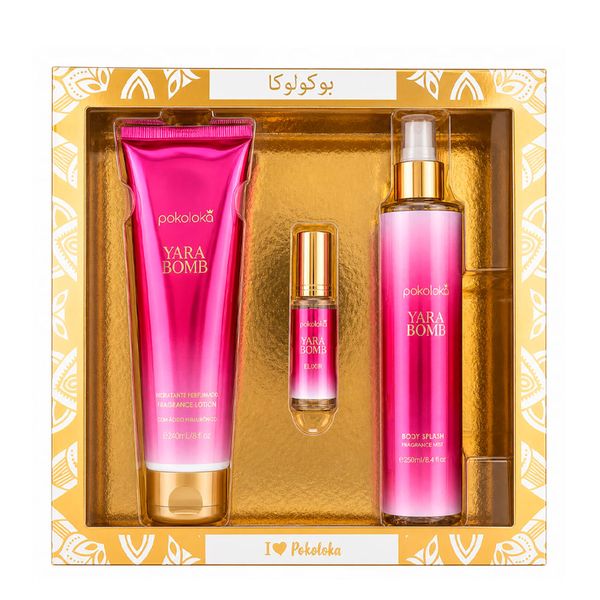 Kit Pokoloka Luxury Elixir Yara Bomb - Hidratante 240ml + Body Splash 250ml + Perfume 15ml Kit