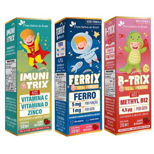 Kit Suplemento Infantil Flora Nativa Imunitrix Ferrix B-trix Sabor Morango Morango