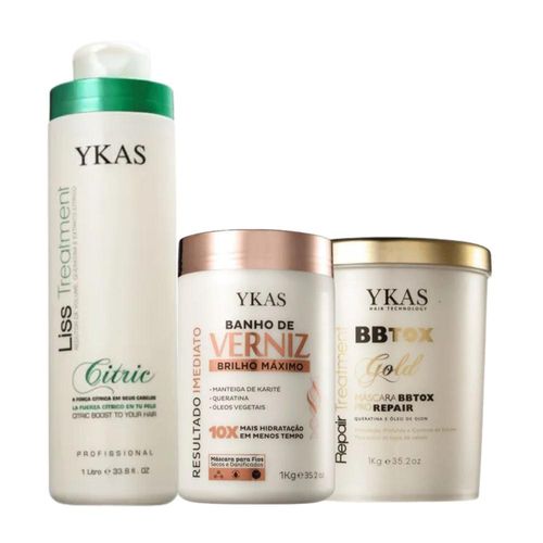 Kit Ykas Progressiva Citric 1L + Verniz 1Kg + Bbtox Gold 1Kg