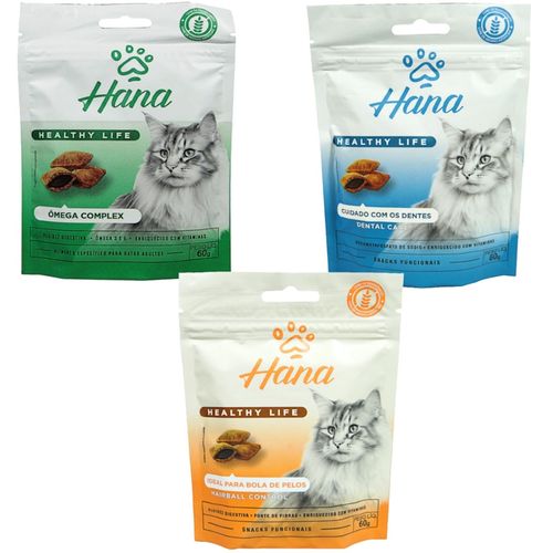 SNACK HANA PARA GATOS KIT 1 ÔMEGA COMPLEX + 1 DENTAL CARE + 1 HAIRBALL CONTROL