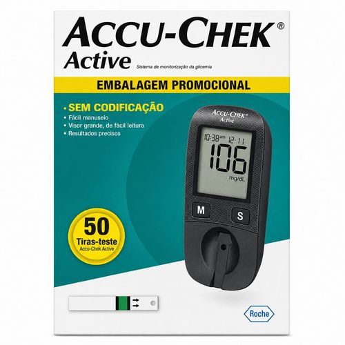 Kit AccuChek Active Roche Aparelho + 50 Tiras Glicemia