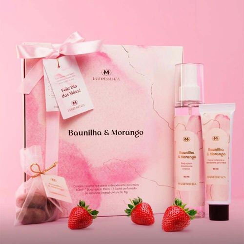 Kit Baunilha e Morango Creme para Mãos + Body Splash + Sabonete Madressenza