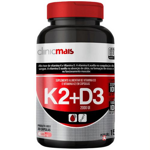 VITAMINA K2 + D3 - MENAQUINONA MK7 + COLECALCIFEROL FÓRMULA CONCENTRADA 30 CÁPSULAS - CLINICMAIS
