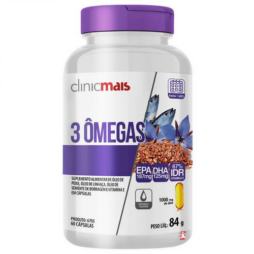 3 ÔMEGAS - ÓLEO DE PEIXE + ÓLEO DE LINHAÇA + ÓLEO DE BORRAGEM 60 CAPSULAS - CLINICMAIS
