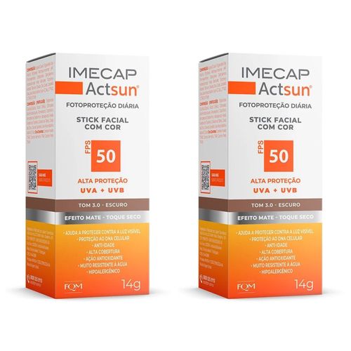 Kit com 2 Unidades de Protetor Solar Facial Stick Imecap Actsun FPS 50 Escuro 14g