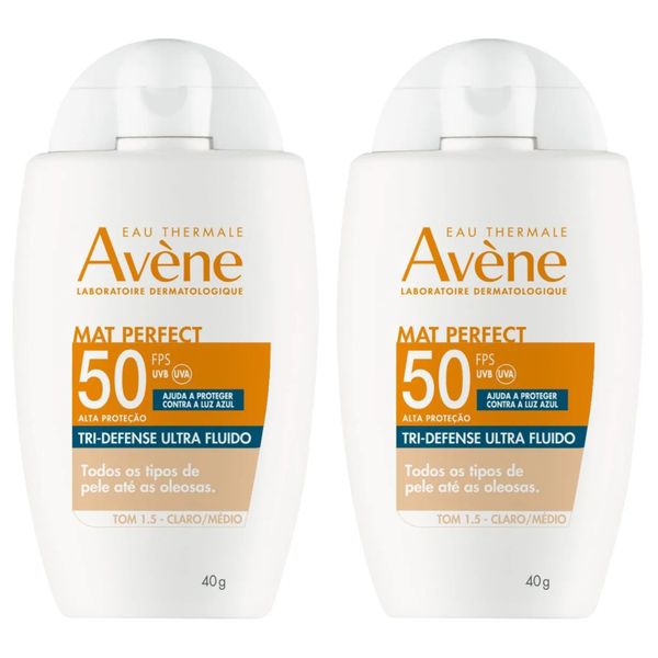 Kit com 2 Unidades de Protetor Solar Facial Avène Mat Perfect Tri-Defense Ultra Fluido FPS50 Tom 1.5 Claro/Médio 40g