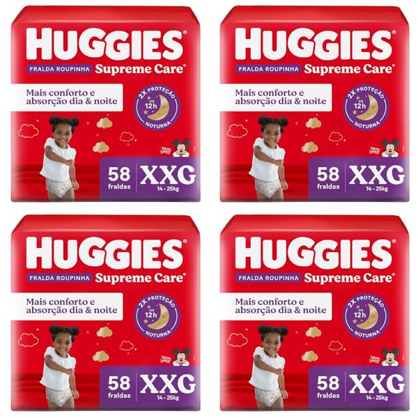 Kit com 4 Unidades de Fralda Descartável Infantil Huggies Supreme Care Pants XXG Pacote 58 Unidades cada