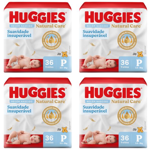 Kit com 4 Unidades de Fralda Descartável Natural Care Recém Nascido P Huggies Pacote com 36 Unidades