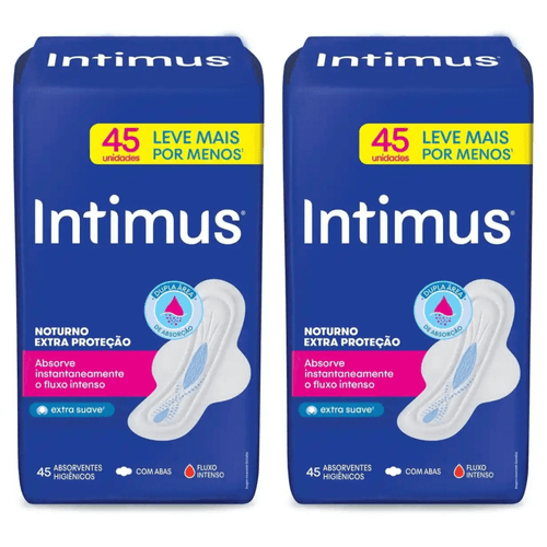 Kit com 2 Unidades de Absorvente Intimus Noturno Extra Proteção Cobertura Suave Com Abas 45 unidades