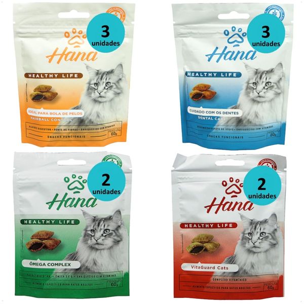 KIT 3 HANA HAIRBALL CONTROL + 3 HANA DENTAL CARE + 2 HANA ÔMEGA COMPLEX + 2 HANA VITAGUARD CATS