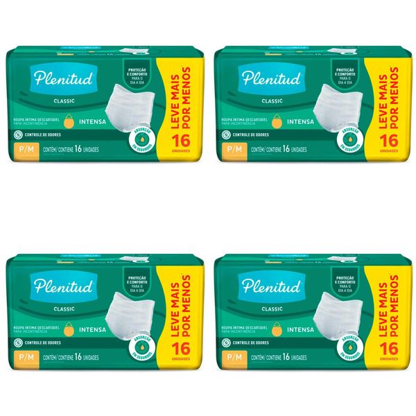 Kit com 4 Unidades de Roupas Íntimas Descartáveis Plenitud Classic Unissex P/M Absorção Intensa com 16 Unidades cada