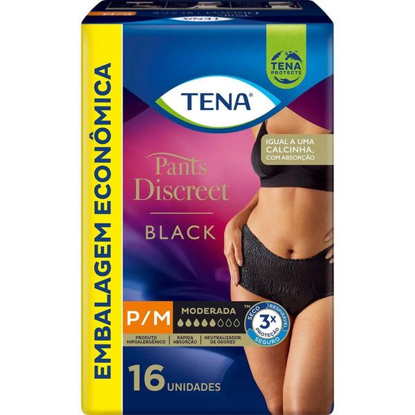 Roupa Íntima Descartável Tena Pants Discreet Feminino P/M Preta Absorção Moderada 16 unidades