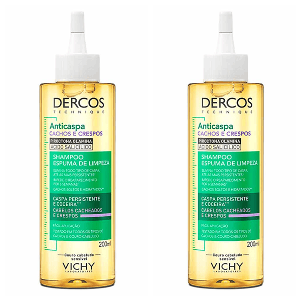 Kit com 2 Unidades de Espuma de Limpeza Vichy Dercos Anticaspa Para Cabelos Crespos e Cacheados 200ml