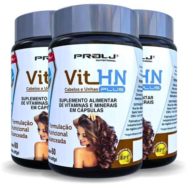 VIT HN PLUS 180 CÁPS GEL SAÚDE CABELOS UNHAS PELE KIT 3