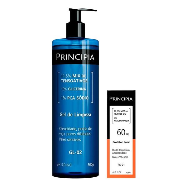 Kit Principia Gel de Limpeza Facial GL-02 500ml + Protetor Solar FPS 60 PS-01 40ml Fluido