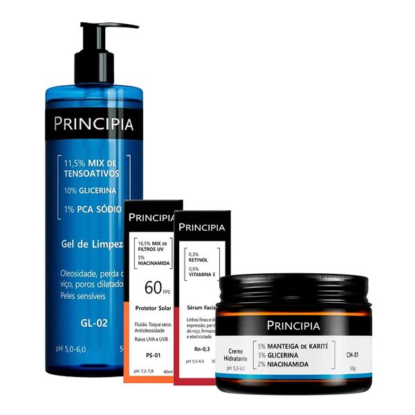 Kit Principia Gel de Limpeza Facial GL-02 500ml + Protetor Solar FPS 60 PS-01 40ml + Sérum Rn-0,3 + Creme Hidratante CH-01 50g