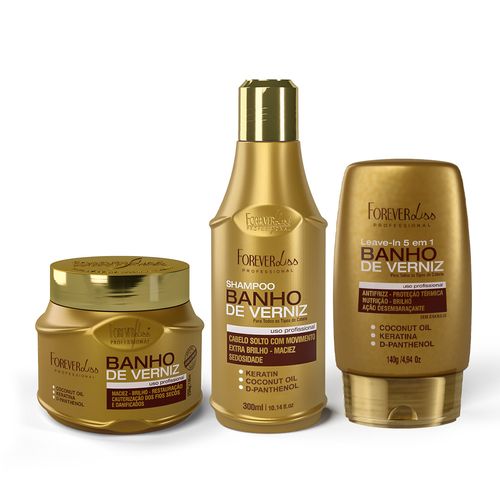 Kit com Shampoo, Máscara e Leave-in Banho de Verniz Forever Liss ÚNICO