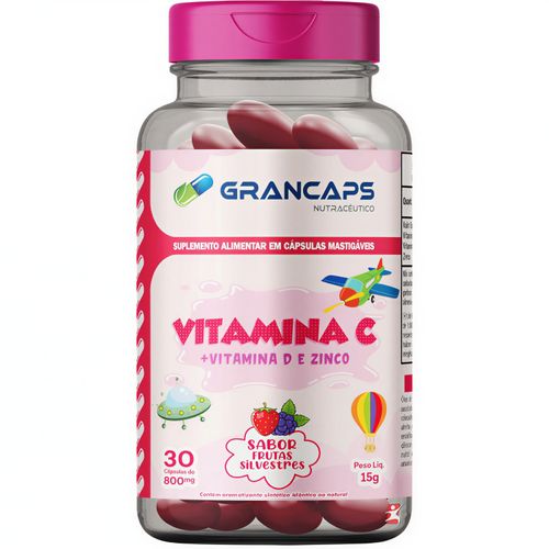 VITAMINA C + D3 + ZINCO KIDS - TRIPLA PROTEÇÃO 30 CÁPSULAS MASTIGÁVEIS FRUTAS SILVESTRES - GRANCAPS