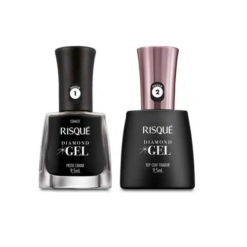 Kit Risqué Esmalte Diamond Gel Preto Caviar + Top Coat Fixador 9,5ml